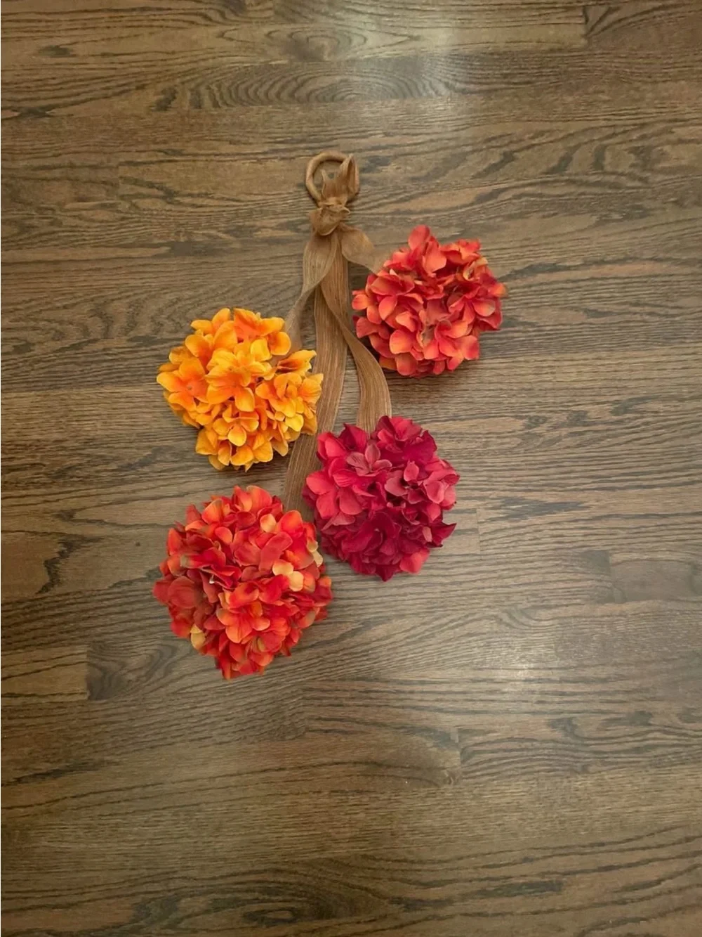 Autumn Harvest Faux Hydrangea Pom Wreath Hanger - Orange, Red, Yellow